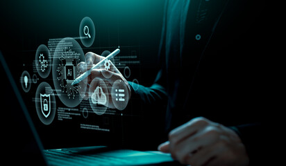 businessman using Ai technology in business by artificial intelligence,  smart robot AI, Futuristic technology transformation, using AI technology for developing running business on cloud computing