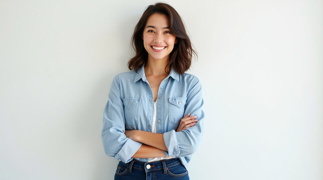 Woman with brown hair with arms crossed and a friendly smile on her face