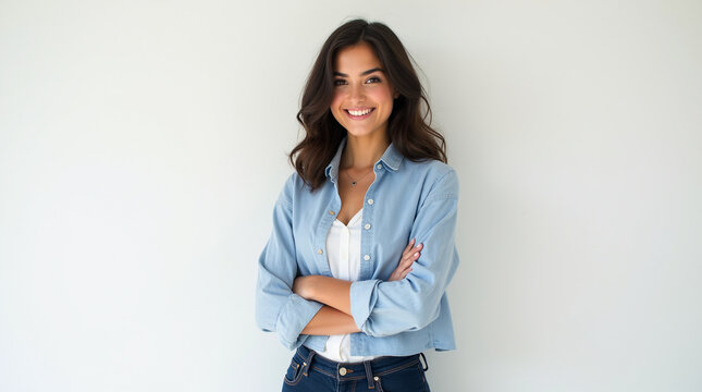 Woman with brown hair with arms crossed and a friendly smile on her face