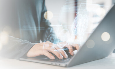 businessman using Ai technology in business by artificial intelligence,  smart robot AI, Futuristic technology transformation, using AI technology for developing running business on cloud computing