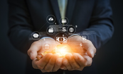 businessman plan the business plans and analyse profitability of working companies banking trading investment saving money and passive income ownerships for manage family plan and retirement target