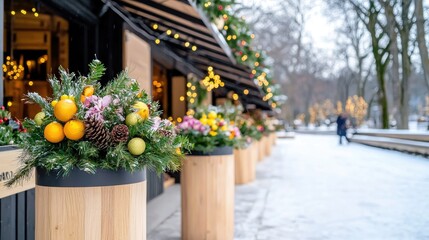 Obraz premium Festive winter market decorations, snowy park background. Holiday shopping