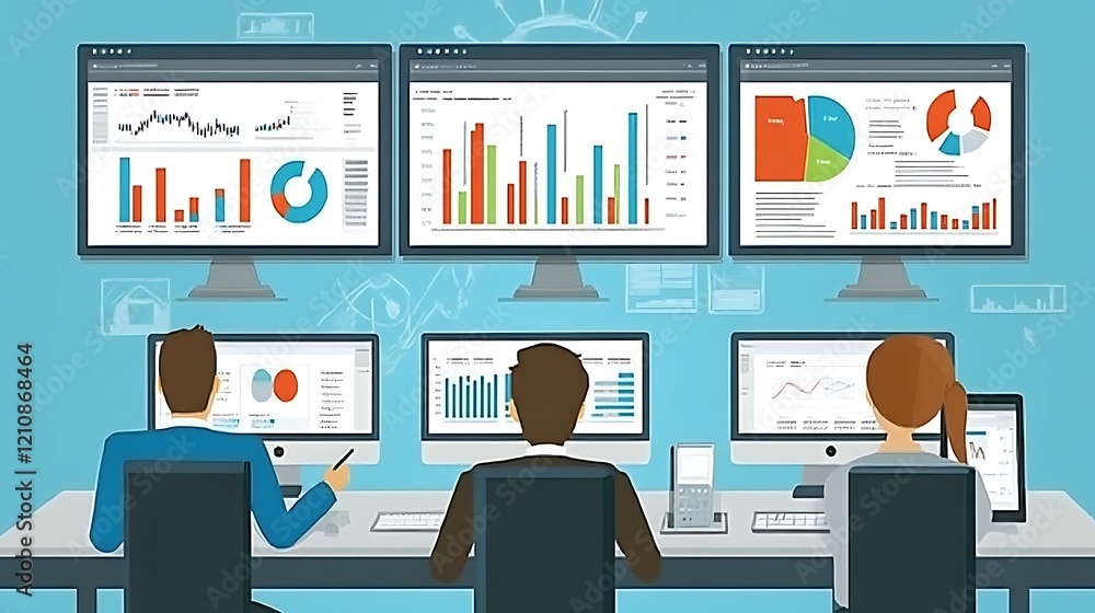 Poster business analysts reviewing data charts graphs and reports