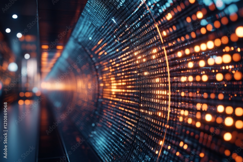Poster illuminated tunnel display of vibrant patterns and colors in an urban setting at night