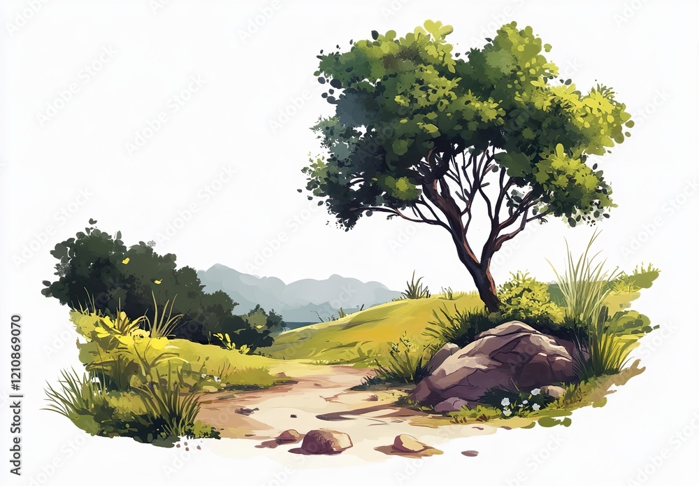 Poster vector image of nature with a tree and rock