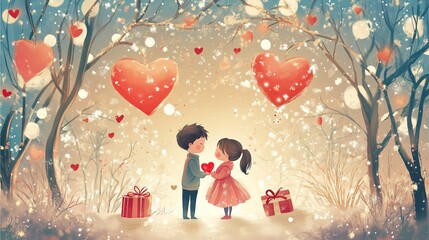 Valentine's Day greeting card with a child, heart design, and a couple in a romantic, cartoon-style illustration, featuring love, family, and holiday themes