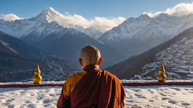 Monk meditating peacefully on a snowy mountain overlooking majestic peaks during a serene sunrise in a remote location - Powered by Adobe