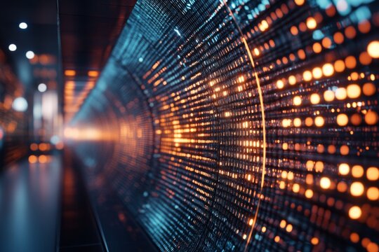 Illuminated tunnel display of vibrant patterns and colors in an urban setting at night