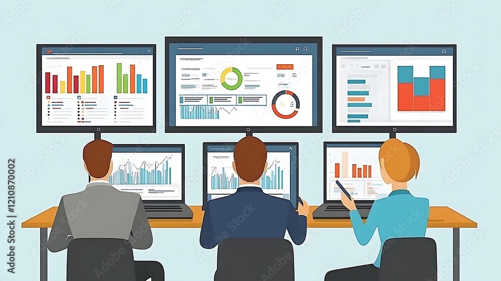 Poster business team analyzing data on multiple screens