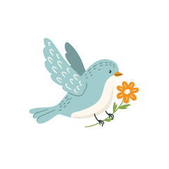 Cute cartoon bird carries a spring flower in its paws, flat vector illustration