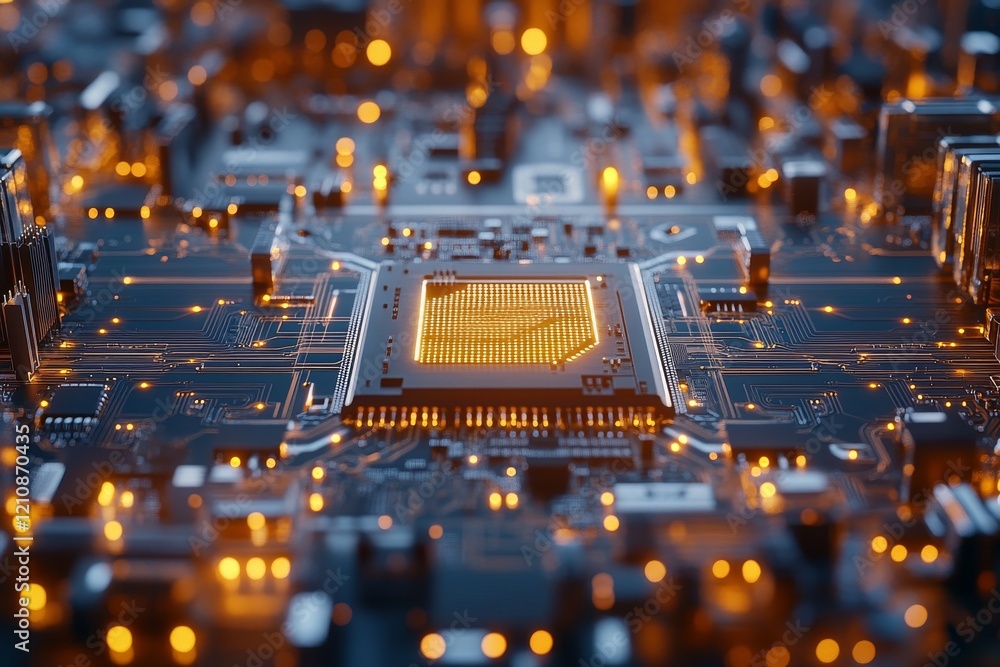 Poster close-up view of a computer chip on a circuit board showcasing intricate connections and glowing ele