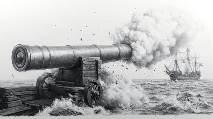 Historic Naval Battle Scene with Cannon Firing at Sea: Dramatic 19th Century Warship Engagement, Ocean Warfare, Smoke, and Ship in Motion