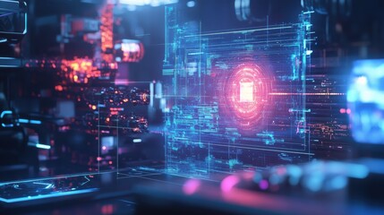 Obraz premium Complex digital interface displaying data processing information in a holographic projection within a futuristic server room, showcasing advanced technology and data management