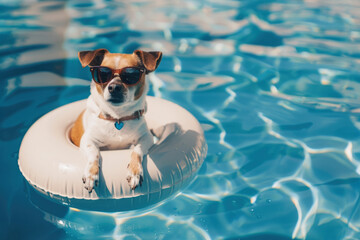 Jack Russell Terrier in sunglasses relaxing in swimming pool on white floating water donut. Summer holidays with pets, vacation, relaxion, resort. Copy space on right.