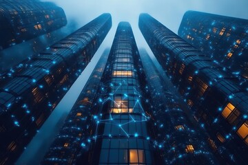 cybernetic neural network visualization with glowing blue nodes and connecting lines floating in dark digital space