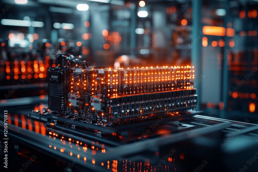 Poster advanced technology showcases a computer motherboard glowing with vibrant lights in a modern lab env