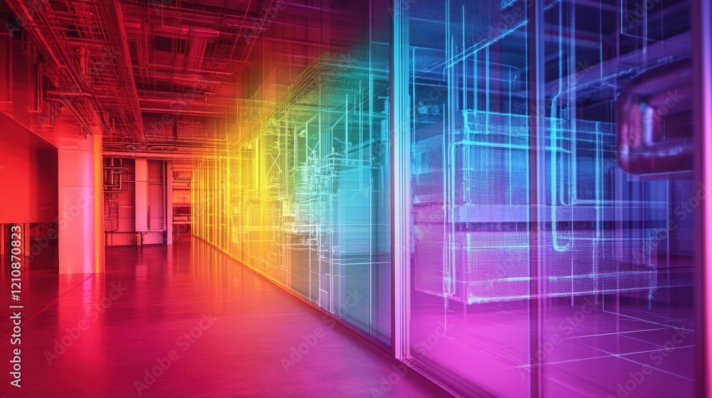 Poster futuristic industrial building with a colorful holographic projection showcasing complex machinery, 