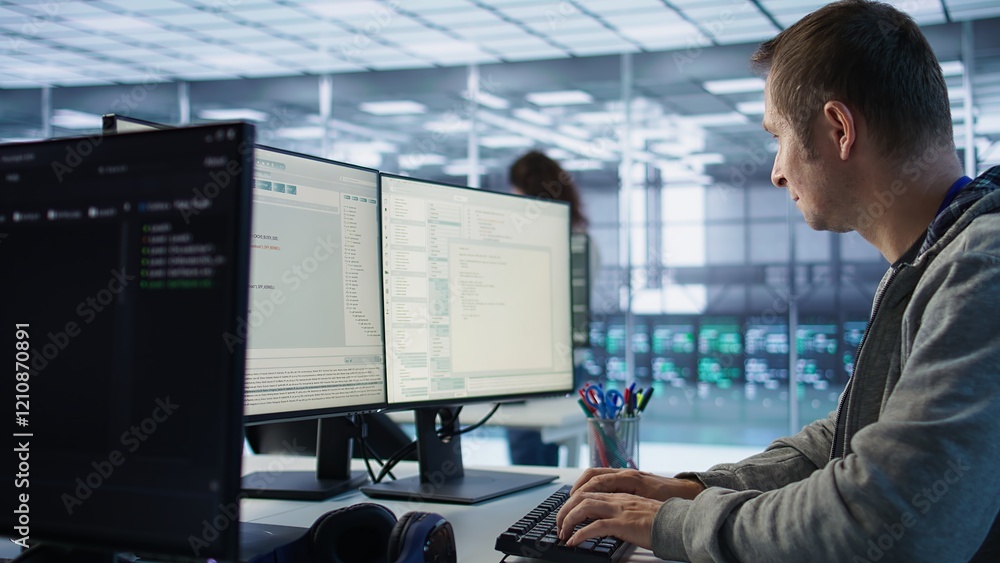 Poster system administrator in server room doing system analysis, coding supercomputers. specialist working