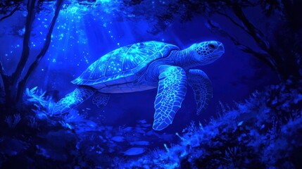 Obraz premium Enchanted Blue Sea Turtle Swimming Through Mystical Underwater Forest Illuminated by Soft Moonlight and Bioluminescent Sea Life