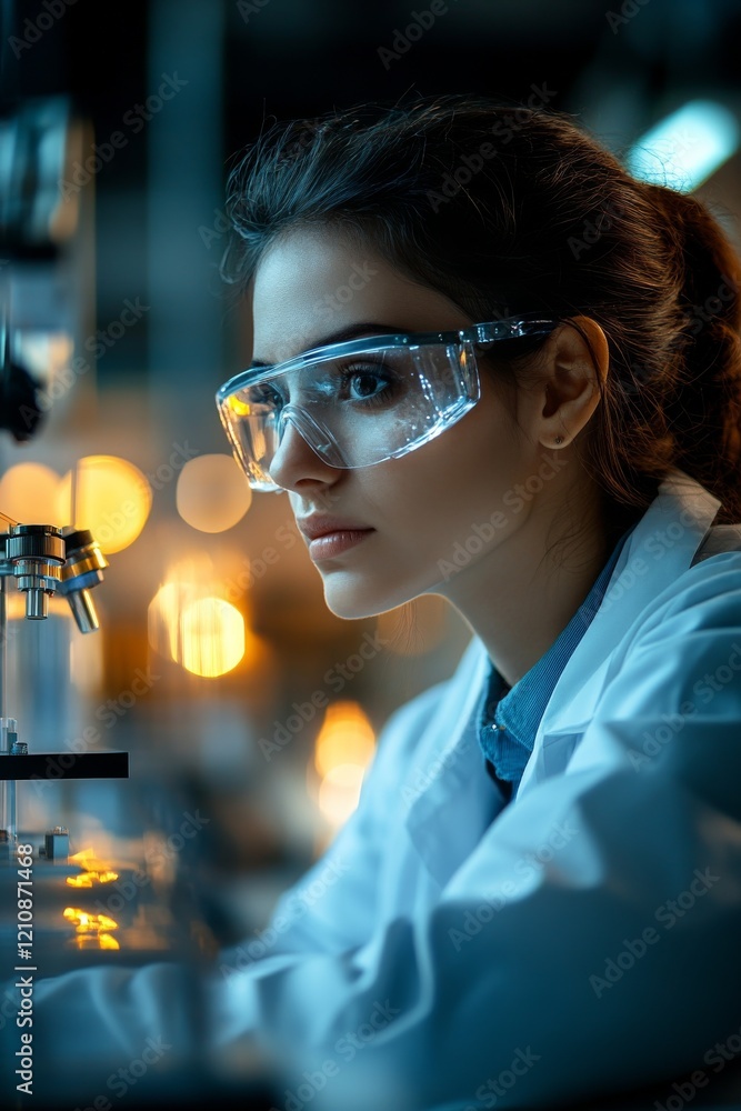 Poster scientist focuses on research under soft lighting in a laboratory setting