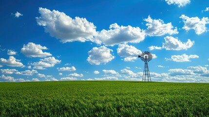 Lush green field with a windmill under a blue sky with fluffy white clouds.