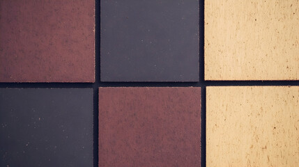 Fototapeta premium Close-up of diverse square tiles in brown, beige, and dark shades.