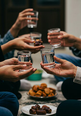 Friends Raising Glasses for Iftar, Celebrating Togetherness with Traditional Snacks in a Cozy Setting