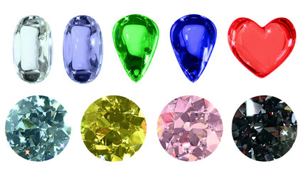 Fototapeta premium several colored and shaped gemstones created by 3D rendered on transparent greenback background. 