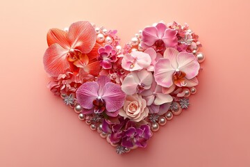 Pink and coral orchids arranged in a heart shape