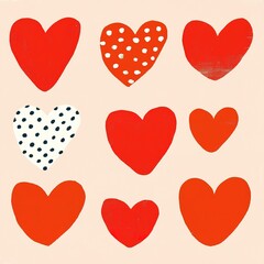 A vibrant arrangement of red hearts, featuring various patterns, including polka dots, creating a cheerful and playful design.