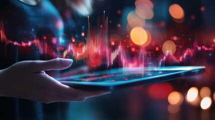 Close up of female hand holding tablet with digital sound wave on blurry background. Technology, music, frequency and energy concept. Double exposure