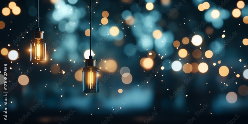 Poster warm glowing lanterns illuminate a serene nighttime setting filled with soft bokeh lights and gentle