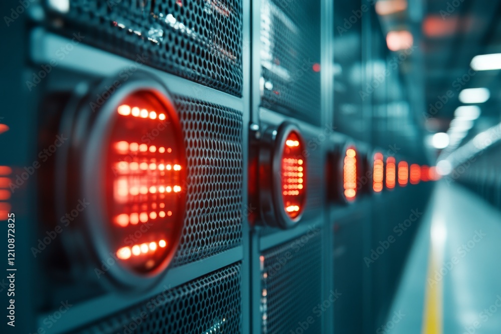 Poster advanced data center with illuminated server racks showcasing red lights in a modern facility