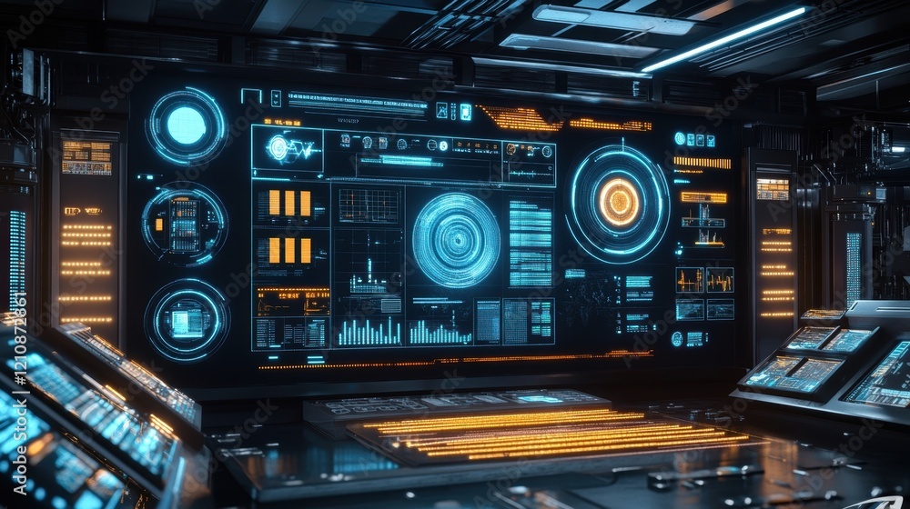 Aufkleber futuristic control room with glowing screens displaying complex data analysis and system information