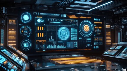 Obraz premium Futuristic control room with glowing screens displaying complex data analysis and system information, representing advanced technology and monitoring capabilities
