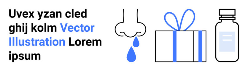 Nose with blue droplet, gift box with blue bow, medicine bottle. Ideal for allergy awareness, healthcare, gift giving, medical advertisements, seasonal promotions, wellness products pharmaceutical