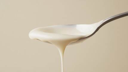 Spoon with Thick White Syrup Dripping Over Edge