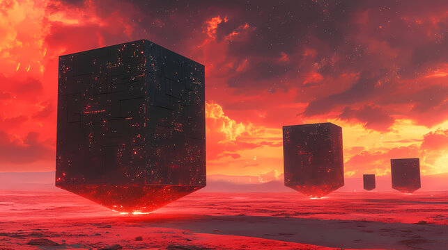 Quantum cubes on crimson plains a bold statement of futuristic design. Crimson Plains. Illustration