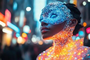 cyberpunk street performer with ledembedded costume holographic stage effects neon cityscape background