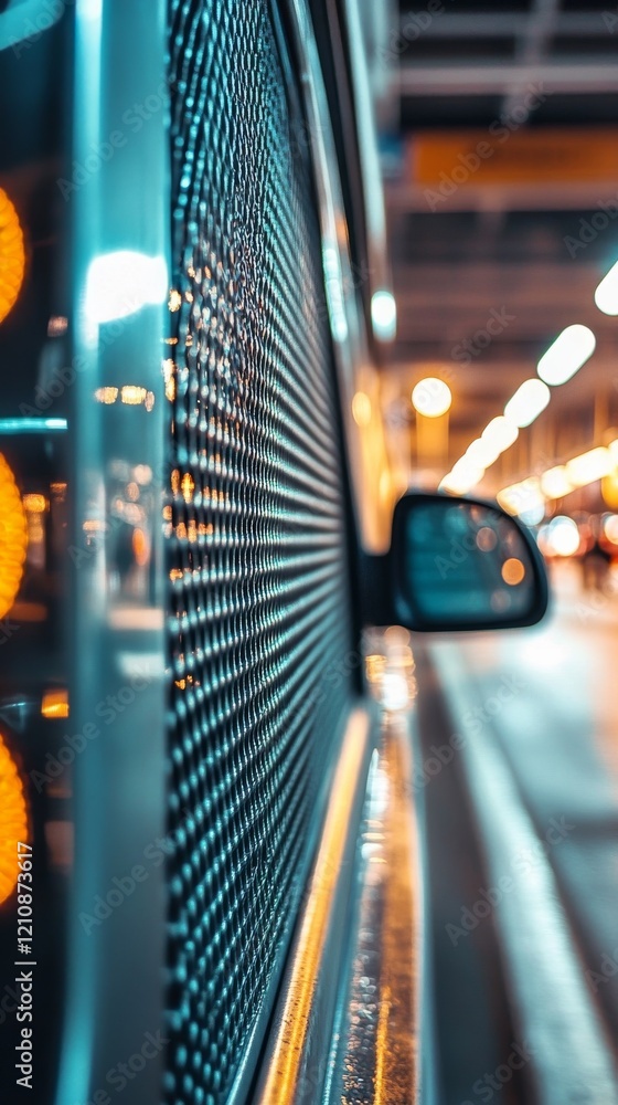 Poster close-up of vehicle side view reflecting lights in urban setting with a blurred background during ev