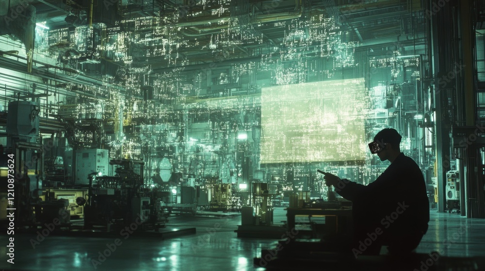 Poster engineer wearing a vr headset interacting with a digital interface, visualizing data and schematics 
