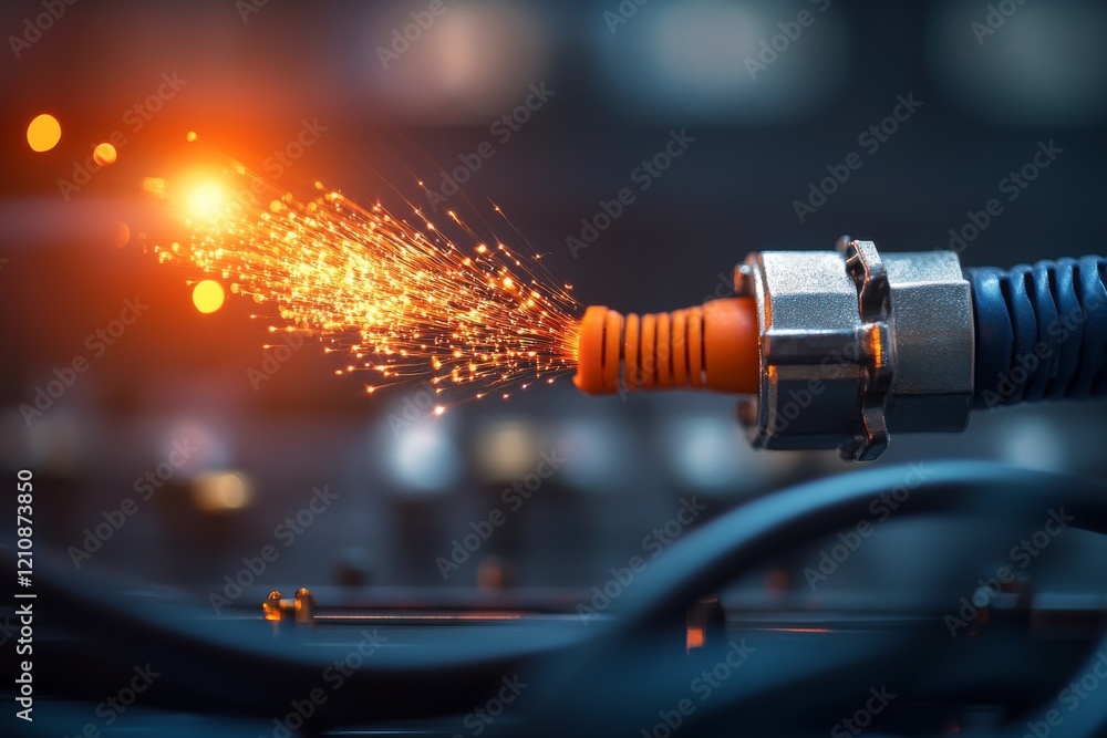 Poster sparks fly from a cable connection during an electrical experiment in a laboratory setting