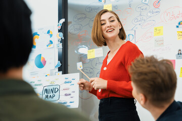 Fototapeta premium Professional young leader present business idea by using mind map at business meeting surrounded by professional cooperate colleague discussing and brainstorming about her strategy. Immaculate.