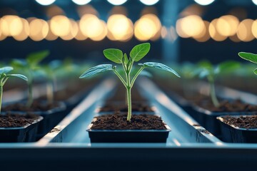 Newly sprouted plants in a greenhouse environment under warm lights during early spring months