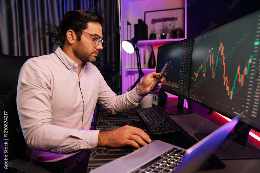 Poster trader smart businessman using smartphone for searching and analyzing in dynamic stock exchange inve