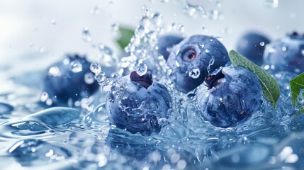 Blueberry in splash of water over white