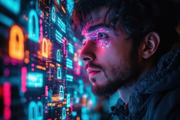 cybersecurity specialist in dark room illuminated by holographic security interfaces multiple floating digital padlocks and binary code projections in cyan and purple
