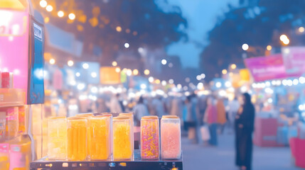 Colorful candies in jars at a bustling night market.