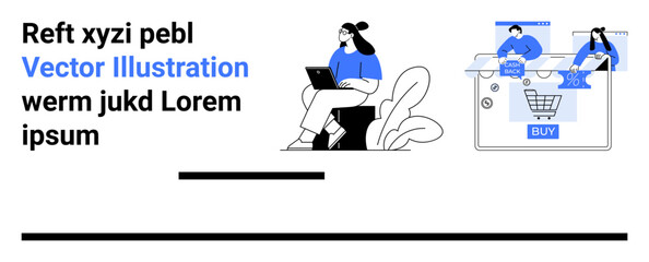 Woman with laptop, analyzing marketing data, giant virtual shopping cart with people buying products online. Ideal for eCommerce, digital marketing, online shopping, user experience, business