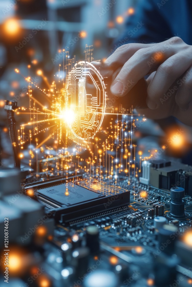 Poster advanced technology concept with digital coin integration on circuit board in modern workspace